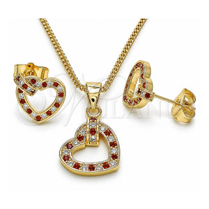 Juego de Arete y Dije de Adulto 10.156.0281.1 Oro Laminado, Diseño de Corazón, con Granate and Blanca Micro Pave, Pulido, Tono Dorado