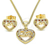 Juego de Arete y Dije de Adulto 10.156.0282.1 Oro Laminado, Diseño de Corazón y Amor, con Granate and Blanca Micro Pave, Pulido, Tono Dorado