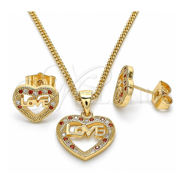 Juego de Arete y Dije de Adulto 10.156.0282.1 Oro Laminado, Diseño de Corazón y Amor, con Granate and Blanca Micro Pave, Pulido, Tono Dorado
