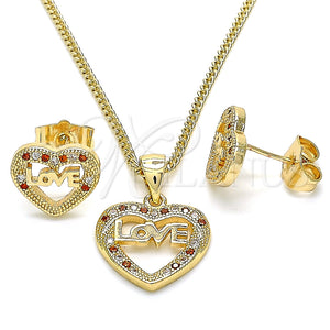 Juego de Arete y Dije de Adulto 10.156.0282.1 Oro Laminado, Diseño de Corazón y Amor, con Granate and Blanca Micro Pave, Pulido, Tono Dorado