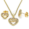 Juego de Arete y Dije de Adulto 10.156.0282.1 Oro Laminado, Diseño de Corazón y Amor, con Granate and Blanca Micro Pave, Pulido, Tono Dorado
