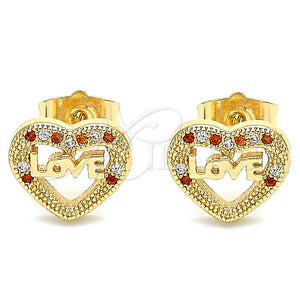 Arete Dormilona 02.156.0389.1 Oro Laminado, Diseño de Corazón y Amor, con Granate and Blanca Micro Pave, Pulido, Tono Dorado