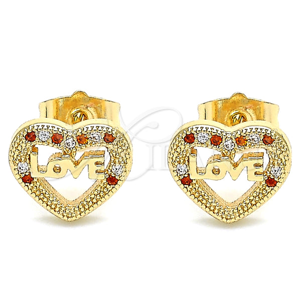 Arete Dormilona 02.156.0389.1 Oro Laminado, Diseño de Corazón y Amor, con Granate and Blanca Micro Pave, Pulido, Tono Dorado