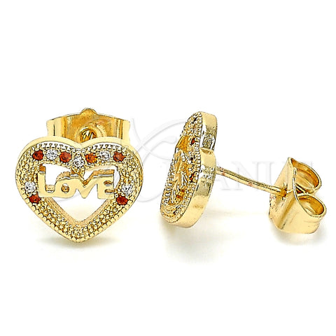 Arete Dormilona 02.156.0389.1 Oro Laminado, Diseño de Corazón y Amor, con Granate and Blanca Micro Pave, Pulido, Tono Dorado