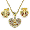 Juego de Arete y Dije de Adulto 10.156.0149.2 Oro Laminado, Diseño de Corazón, con Granate and Blanca Micro Pave, Pulido, Tono Dorado