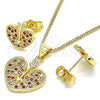 Juego de Arete y Dije de Adulto 10.156.0149.2 Oro Laminado, Diseño de Corazón, con Granate and Blanca Micro Pave, Pulido, Tono Dorado