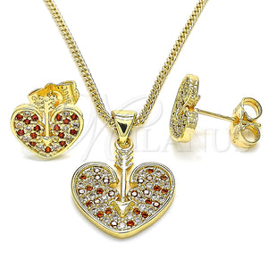 Juego de Arete y Dije de Adulto 10.156.0149.2 Oro Laminado, Diseño de Corazón, con Granate and Blanca Micro Pave, Pulido, Tono Dorado