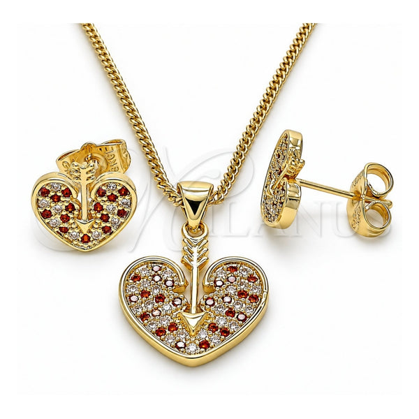 Juego de Arete y Dije de Adulto 10.156.0149.2 Oro Laminado, Diseño de Corazón, con Granate and Blanca Micro Pave, Pulido, Tono Dorado