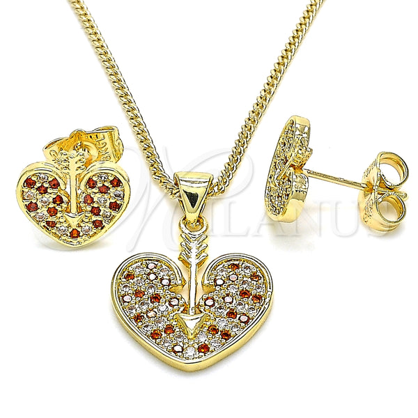 Juego de Arete y Dije de Adulto 10.156.0149.2 Oro Laminado, Diseño de Corazón, con Granate and Blanca Micro Pave, Pulido, Tono Dorado