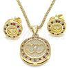 Juego de Arete y Dije de Adulto 10.156.0153.2 Oro Laminado, Diseño de Corazón, con Granate and Blanca Micro Pave, Pulido, Tono Dorado