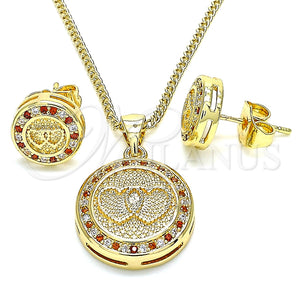 Juego de Arete y Dije de Adulto 10.156.0153.2 Oro Laminado, Diseño de Corazón, con Granate and Blanca Micro Pave, Pulido, Tono Dorado