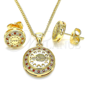 Juego de Arete y Dije de Adulto 10.156.0155.2 Oro Laminado, Diseño de Corazón, con Granate and Blanca Micro Pave, Pulido, Tono Dorado