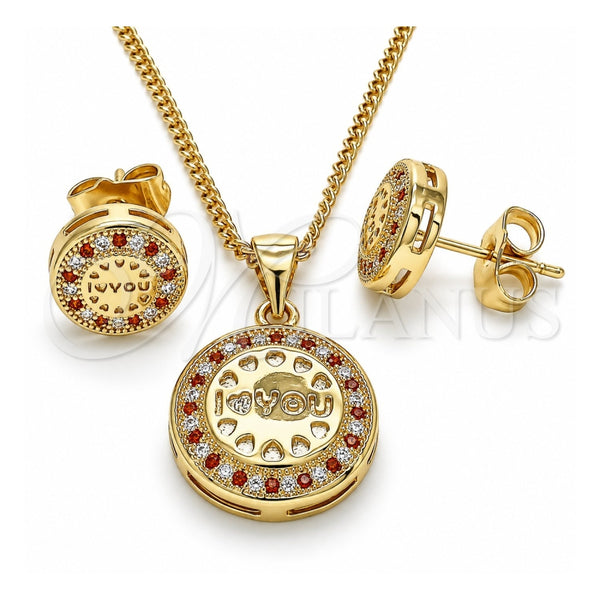 Juego de Arete y Dije de Adulto 10.156.0155.2 Oro Laminado, Diseño de Corazón, con Granate and Blanca Micro Pave, Pulido, Tono Dorado