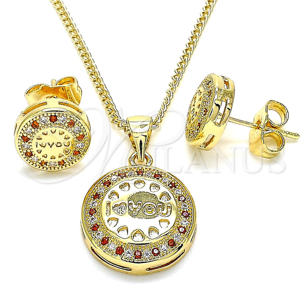 Juego de Arete y Dije de Adulto 10.156.0155.2 Oro Laminado, Diseño de Corazón, con Granate and Blanca Micro Pave, Pulido, Tono Dorado