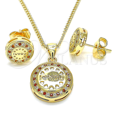 Juego de Arete y Dije de Adulto 10.156.0155.2 Oro Laminado, Diseño de Corazón, con Granate and Blanca Micro Pave, Pulido, Tono Dorado