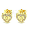 Arete Dormilona 02.156.0483 Oro Laminado, Diseño de Corazón y Amor, con Blanca Micro Pave, Pulido, Tono Dorado