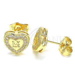 Arete Dormilona 02.156.0483 Oro Laminado, Diseño de Corazón y Amor, con Blanca Micro Pave, Pulido, Tono Dorado