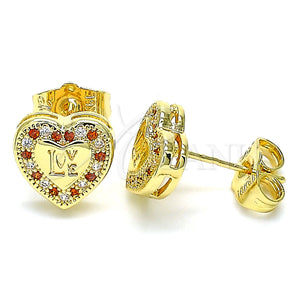 Arete Dormilona 02.156.0483.1 Oro Laminado, Diseño de Corazón y Amor, con Granate and Blanca Micro Pave, Pulido, Tono Dorado