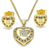 Juego de Arete y Dije de Adulto 10.156.0157.2 Oro Laminado, Diseño de Corazón y Amor, con Granate and Blanca Micro Pave, Pulido, Tono Dorado