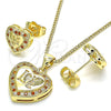 Juego de Arete y Dije de Adulto 10.156.0157.2 Oro Laminado, Diseño de Corazón y Amor, con Granate and Blanca Micro Pave, Pulido, Tono Dorado