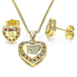Juego de Arete y Dije de Adulto 10.156.0157.2 Oro Laminado, Diseño de Corazón y Amor, con Granate and Blanca Micro Pave, Pulido, Tono Dorado