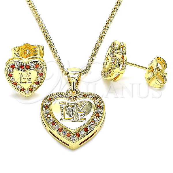 Juego de Arete y Dije de Adulto 10.156.0157.2 Oro Laminado, Diseño de Corazón y Amor, con Granate and Blanca Micro Pave, Pulido, Tono Dorado