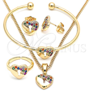 Juego de Arete y Dije de Nino 06.210.0026.1 Oro Laminado, Diseño de Corazón y Candado, con Multicolor Micro Pave, Pulido, Tono Dorado