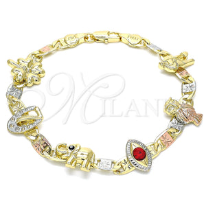 Pulsera Elegante 03.380.0004.08 Oro Laminado, Diseño de Elefante y Ojo Griego, con Granate and Negro Cristal, Pulido, Tres Tonos (05 MM Thickness, 8 Inches Length)