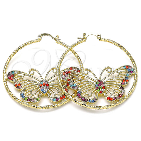 Argolla Grande 02.380.0013.50 Oro Laminado, Diseño de Mariposa, con Multicolor Cristal, Diamantado, Tono Dorado