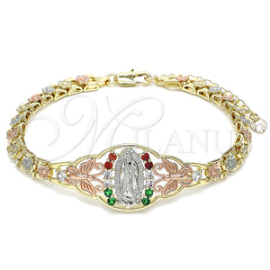 Pulsera Elegante 03.380.0008.07 Oro Laminado, Diseño de Guadalupe y Mariposa, con Multicolor Zirconia Cubica, Pulido, Tres Tonos (06 MM Thickness, 7 Inches Length)