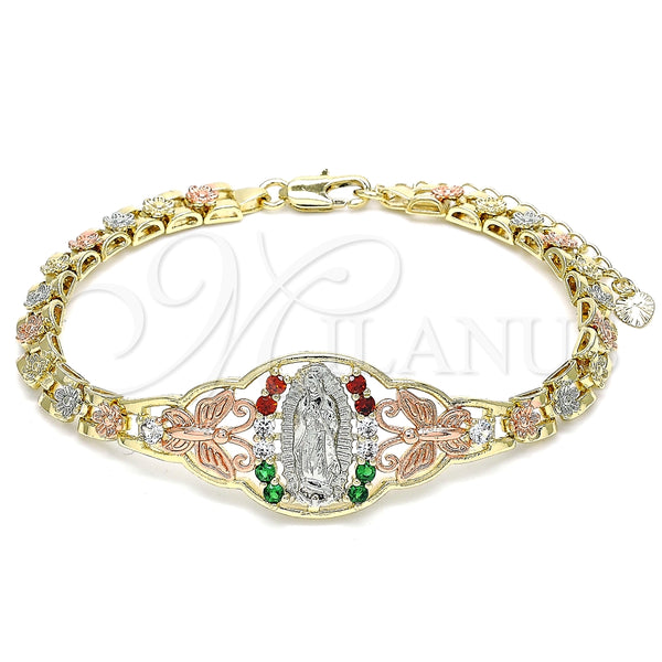 Pulsera Elegante 03.380.0008.07 Oro Laminado, Diseño de Guadalupe y Mariposa, con Multicolor Zirconia Cubica, Pulido, Tres Tonos (06 MM Thickness, 7 Inches Length)