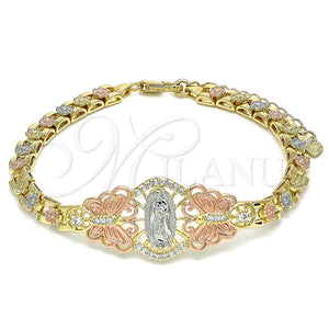 Pulsera Elegante 03.380.0009.1.07 Oro Laminado, Diseño de Guadalupe y Mariposa, con Blanca Zirconia Cubica, Pulido, Tres Tonos (06 MM Thickness, 7 Inches Length)