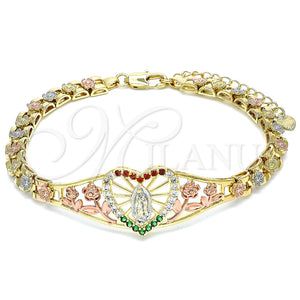 Pulsera Elegante 03.380.0010.07 Oro Laminado, Diseño de Guadalupe y Corazón, con Multicolor Zirconia Cubica, Pulido, Tres Tonos (06 MM Thickness, 7 Inches Length)