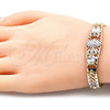 Pulsera Elegante 03.380.0011.08 Oro Laminado, Diseño de Guadalupe y Búho, con Blanca and Negro Zirconia Cubica, Pulido, Tres Tonos (08 MM Thickness, 8 Inches Length)