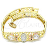 Pulsera Elegante 03.380.0011.08 Oro Laminado, Diseño de Guadalupe y Búho, con Blanca and Negro Zirconia Cubica, Pulido, Tres Tonos (08 MM Thickness, 8 Inches Length)