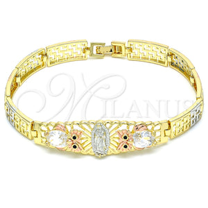 Pulsera Elegante 03.380.0011.08 Oro Laminado, Diseño de Guadalupe y Búho, con Blanca and Negro Zirconia Cubica, Pulido, Tres Tonos (08 MM Thickness, 8 Inches Length)