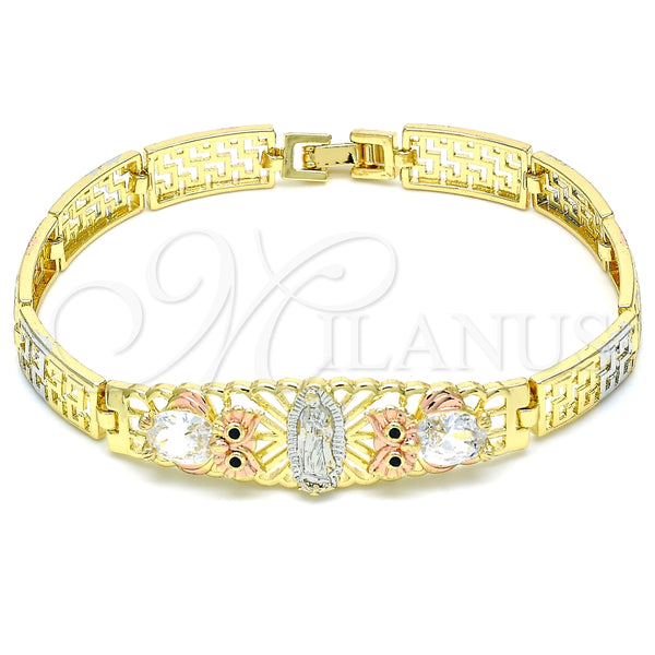 Pulsera Elegante 03.380.0011.08 Oro Laminado, Diseño de Guadalupe y Búho, con Blanca and Negro Zirconia Cubica, Pulido, Tres Tonos (08 MM Thickness, 8 Inches Length)