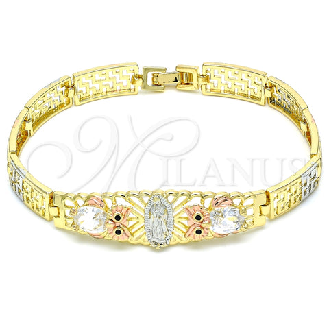 Pulsera Elegante 03.380.0011.08 Oro Laminado, Diseño de Guadalupe y Búho, con Blanca and Negro Zirconia Cubica, Pulido, Tres Tonos (08 MM Thickness, 8 Inches Length)