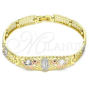 Pulsera Elegante 03.380.0012.08 Oro Laminado, Diseño de Guadalupe y Elefante, con Blanca and Negro Zirconia Cubica, Pulido, Tres Tonos (08 MM Thickness, 8 Inches Length)