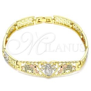 Pulsera Elegante 03.380.0014.08 Oro Laminado, Diseño de Elefante y Guadalupe, con Blanca and Negro Zirconia Cubica, Pulido, Tres Tonos (08 MM Thickness, 8 Inches Length)