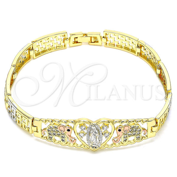 Pulsera Elegante 03.380.0014.08 Oro Laminado, Diseño de Elefante y Guadalupe, con Blanca and Negro Zirconia Cubica, Pulido, Tres Tonos (08 MM Thickness, 8 Inches Length)