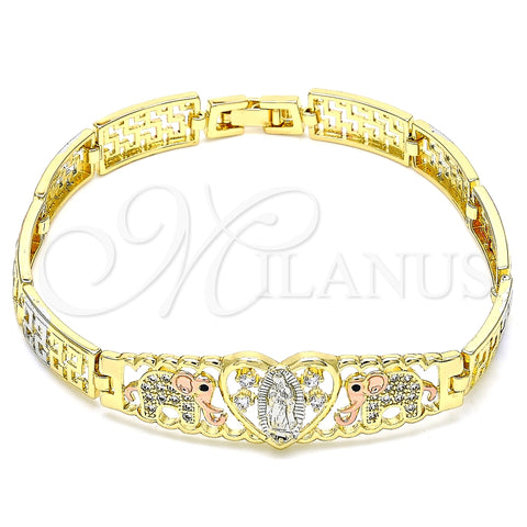 Pulsera Elegante 03.380.0014.08 Oro Laminado, Diseño de Elefante y Guadalupe, con Blanca and Negro Zirconia Cubica, Pulido, Tres Tonos (08 MM Thickness, 8 Inches Length)