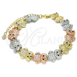Pulsera Elegante 03.380.0015.07 Oro Laminado, Diseño de Búho, con Blanca and Negro Micro Pave, Pulido, Tres Tonos (12 MM Thickness, 7 Inches Length)