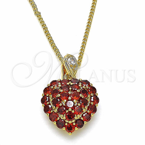 Collares con Dije 04.346.0014.1.20 Oro Laminado, Diseño de Corazón, con Granate and Blanca Zirconia Cubica, Pulido, Tono Dorado (02 MM Thickness, 20 Inches Length)