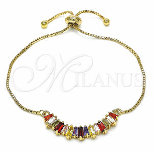 Pulsera Bolo Ajustable 03.316.0063.10 Oro Laminado, Diseño de Baguette, con Multicolor Zirconia Cubica, Pulido, Tono Dorado (01 MM Thickness, 10 Inches Length)