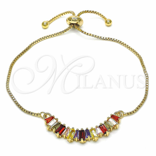 Pulsera Bolo Ajustable 03.316.0063.10 Oro Laminado, Diseño de Baguette, con Multicolor Zirconia Cubica, Pulido, Tono Dorado (01 MM Thickness, 10 Inches Length)