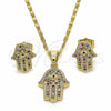 Juego de Arete y Dije de Adulto 10.316.0051 Oro Laminado, Diseño de Mano de Dios, con Multicolor Micro Pave, Pulido, Tono Dorado