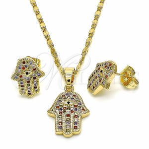 Juego de Arete y Dije de Adulto 10.316.0051 Oro Laminado, Diseño de Mano de Dios, con Multicolor Micro Pave, Pulido, Tono Dorado