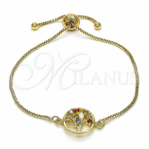 Pulsera Bolo Ajustable 03.316.0067.09 Oro Laminado, Diseño de Ãrbol, con Multicolor Zirconia Cubica, Pulido, Tono Dorado (01 MM Thickness, 9 Inches Length)