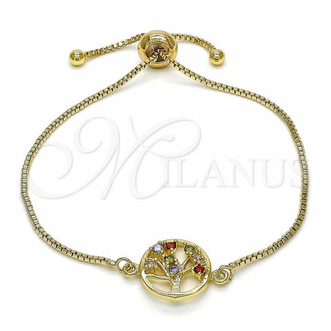 Pulsera Bolo Ajustable 03.316.0067.09 Oro Laminado, Diseño de Ãrbol, con Multicolor Zirconia Cubica, Pulido, Tono Dorado (01 MM Thickness, 9 Inches Length)